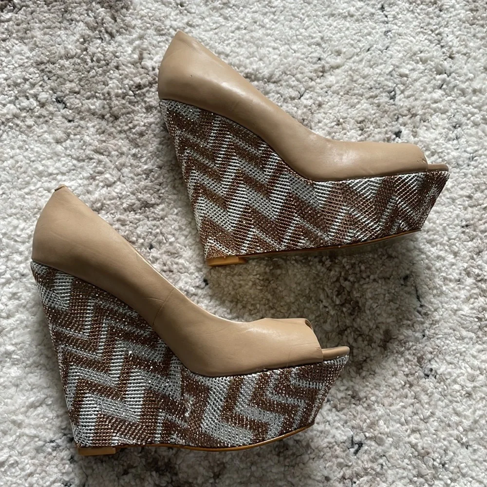 BEBE WEDGES! BRAND NEW!!! Metallic with Tan leather! Size: 6. Comes with Box!